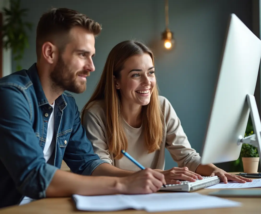 Duas pessoas colaborando em um computador, planejando estratégias de geração de leads